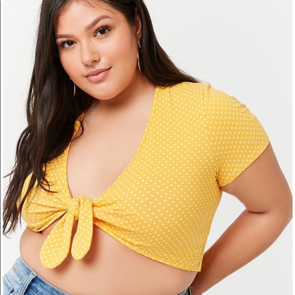 Forever 21 plus yellow poka dot tie crop top